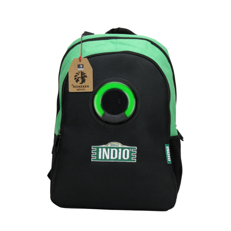 MOCHILA CON BOCINA INALÁMBRICA Y LUZ LED VERDE/NEGRO INDIO