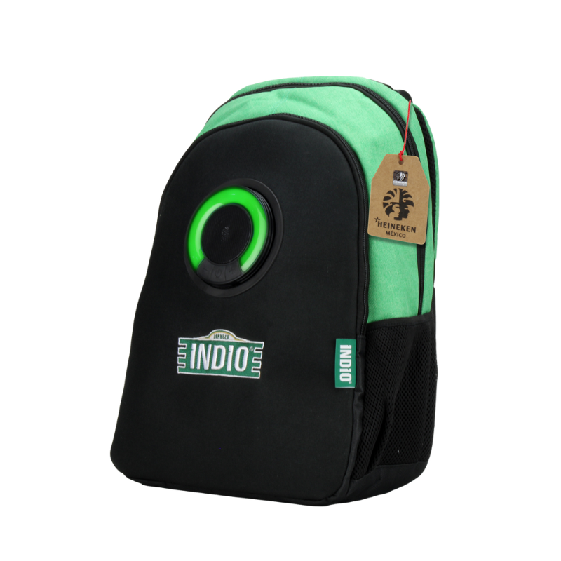 MOCHILA CON BOCINA INALÁMBRICA Y LUZ LED VERDE/NEGRO INDIO