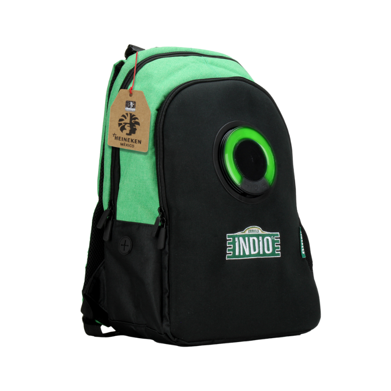 MOCHILA CON BOCINA INALÁMBRICA Y LUZ LED VERDE/NEGRO INDIO