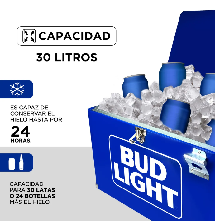 Hielera Bud Light 30 Litros | Nevera Portátil Metálica de Alta Resistencia para Cerveza y Bebidas