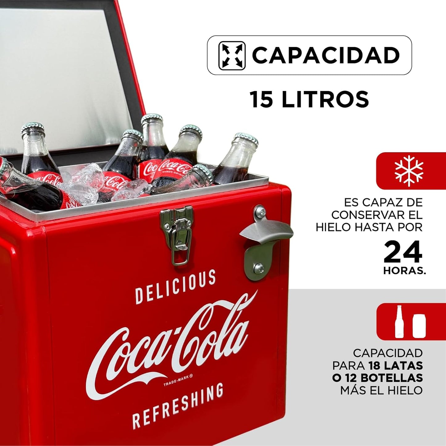 Hielera Metálica Coca-Cola Retro 15L | Capacidad para 18 Latas y Conservación de Hielo por 24 Horas