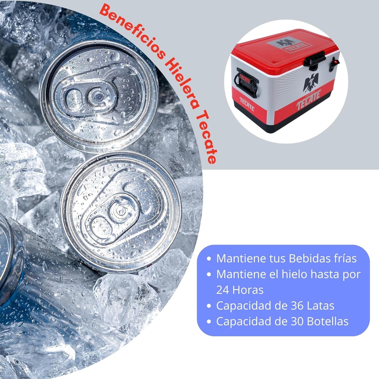 Hielera Metálica Tecate Plateado con Rojo De 30 litros