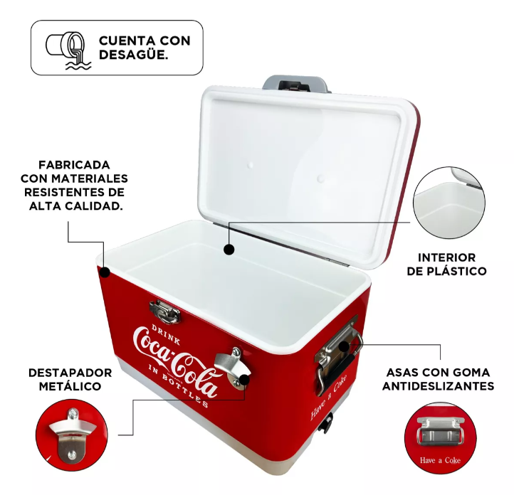 Hielera Metálica Coca-Cola Retro 30L | Capacidad para 36 Latas, Conservación de Hielo por 24 Horas
