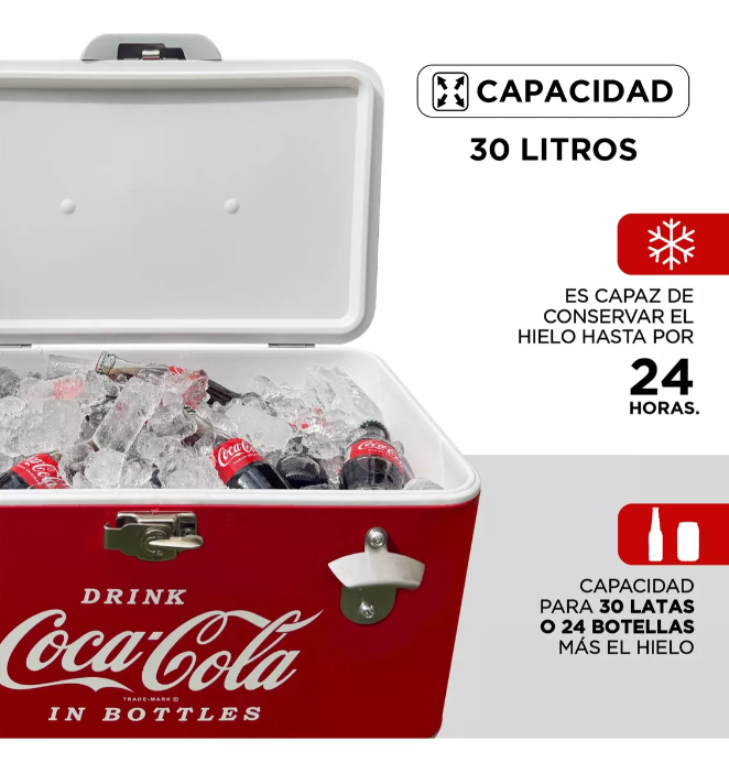 Hielera Metálica Coca-Cola Retro 30L | Capacidad para 36 Latas, Conservación de Hielo por 24 Horas