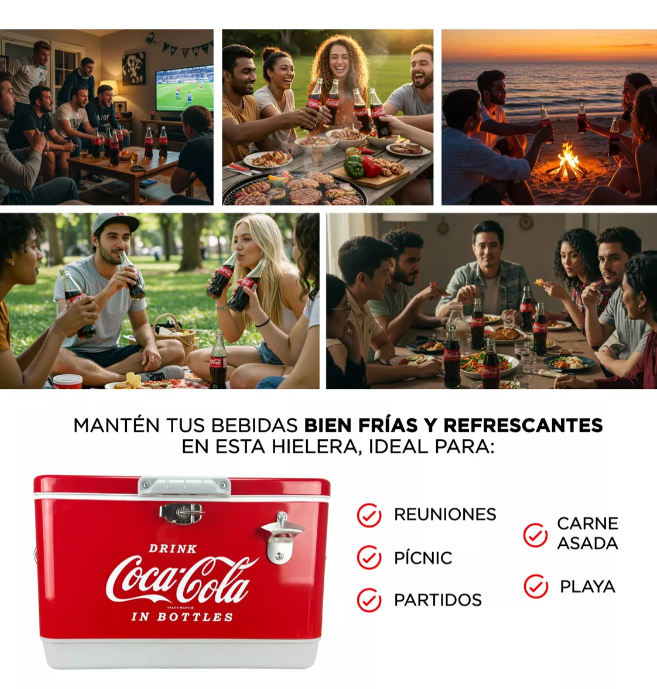 Hielera Metálica Coca-Cola Retro 30L | Capacidad para 36 Latas, Conservación de Hielo por 24 Horas
