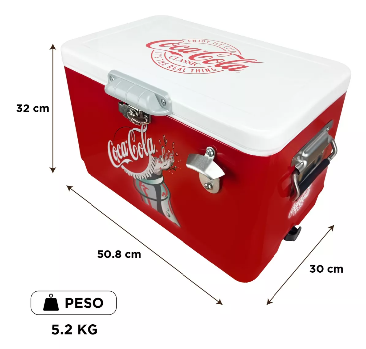 Hielera Metálica Coca-Cola Corcholata 30L | Capacidad para 36 Latas, Conservación de Hielo por 24 Horas