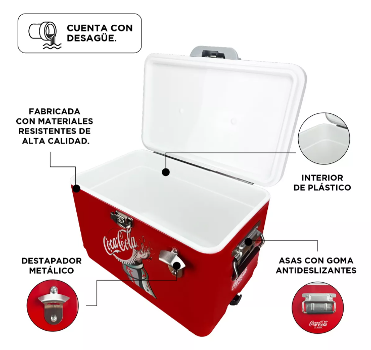 Hielera Metálica Coca-Cola Corcholata 30L | Capacidad para 36 Latas, Conservación de Hielo por 24 Horas