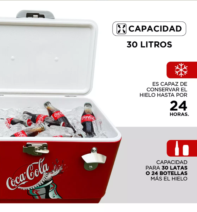 Hielera Metálica Coca-Cola Corcholata 30L | Capacidad para 36 Latas, Conservación de Hielo por 24 Horas
