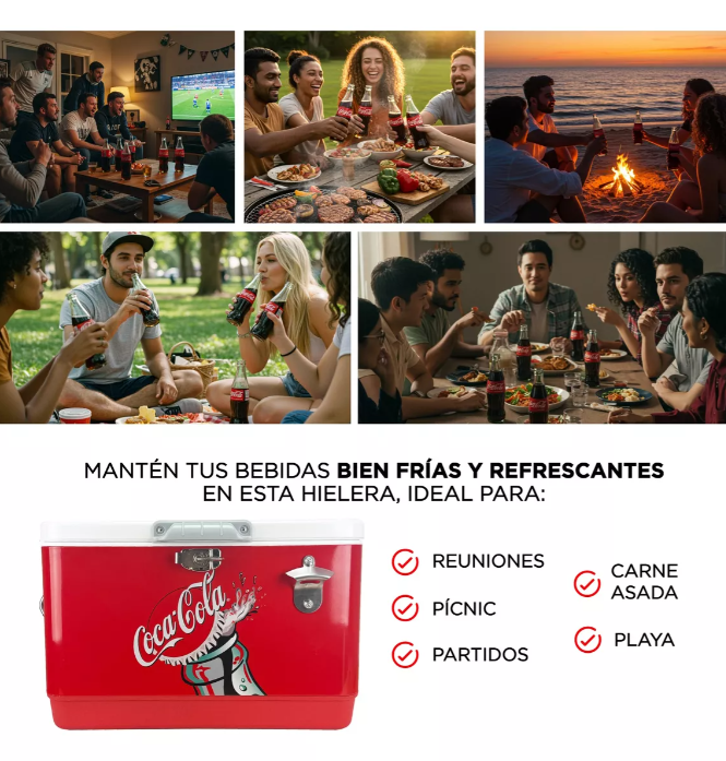 Hielera Metálica Coca-Cola Corcholata 30L | Capacidad para 36 Latas, Conservación de Hielo por 24 Horas