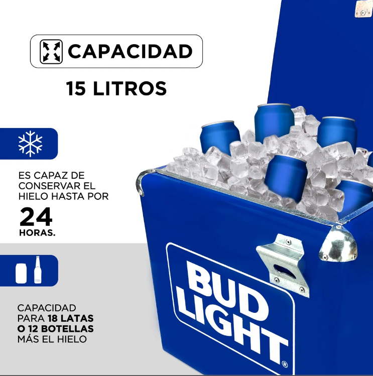 Hielera Metálica Bud Light 15L | Nevera Portátil Vintage para 18 Latas