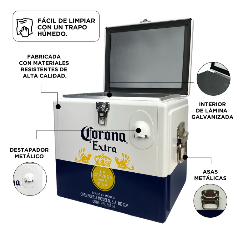 Hielera Metálica Corona Extra 15 Litros | Nevera Portátil Vintage para Bebidas y Cerveza