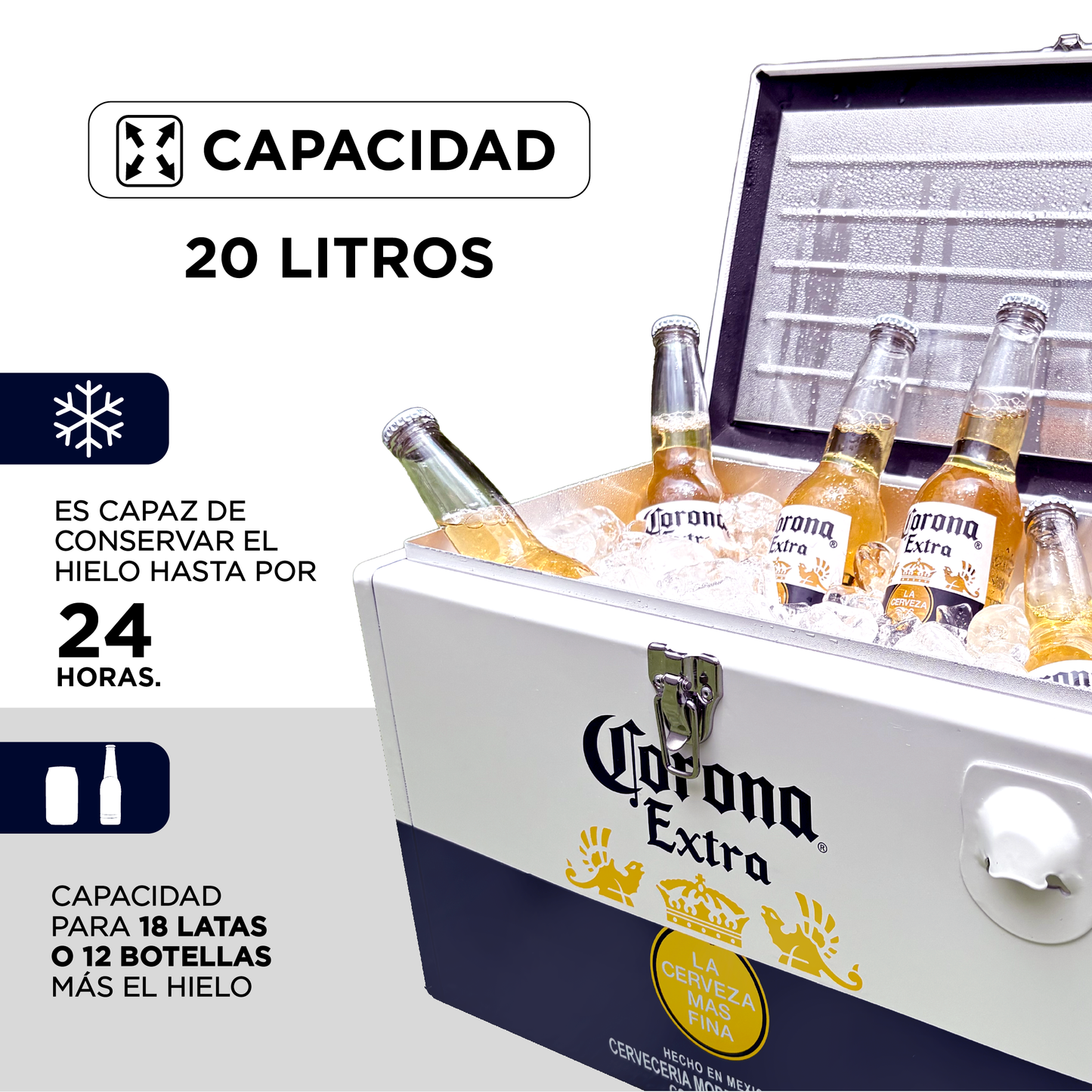 Hielera Metálica Corona Extra 20L | Diseño Vintage, Conserva el Frío 24h, Ideal para 36 Latas